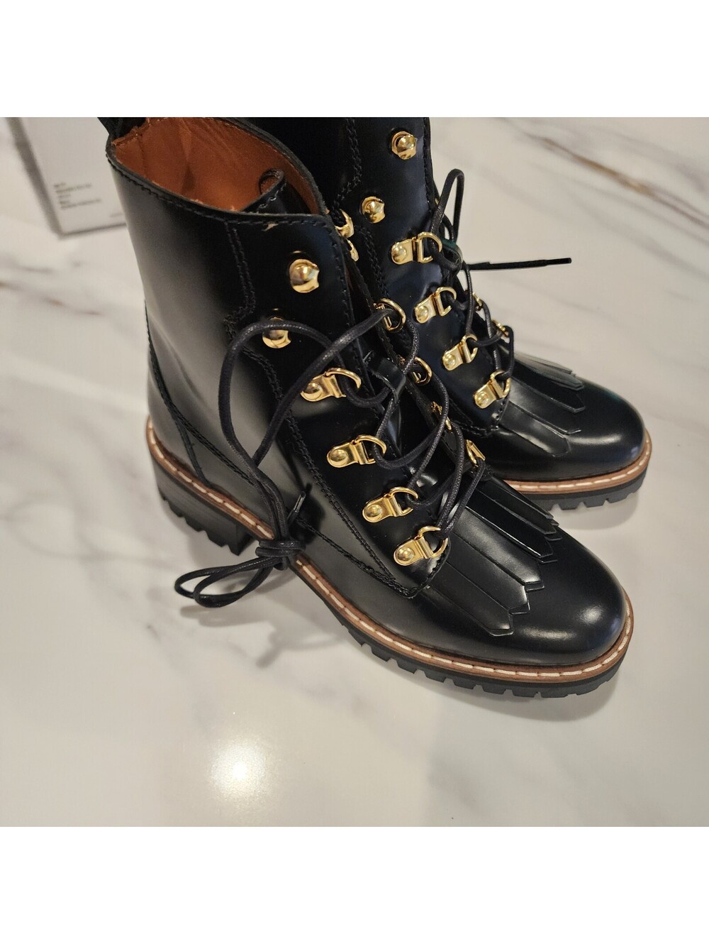New & Other Stories Black Leather Lace-Up Ankle Boots with Gold Eyelets 6.5